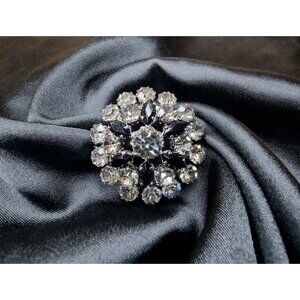 Vintage Rhinestone & Black Glass Floral Brooch